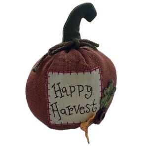 Happy Harvest Fall Season Stuffed Burlap Pumpkin Thanksgiving Shelf Sitter Decor